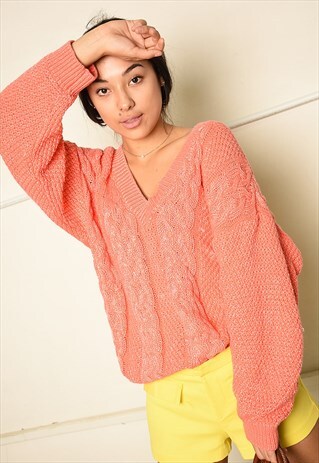 VINTAGE 90S CHUNKY JAZZY ARAN STYLE JUMPER IN PINK KNIT