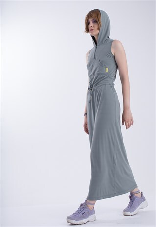 CEMENT GREY LONG HOODED DRESS