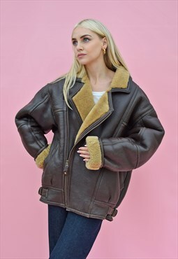 Vintage Aviator Jacket Sheepskin Brown Leather 