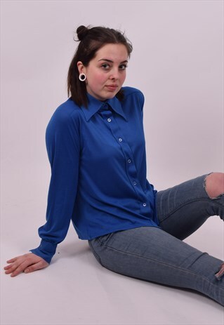 VINTAGE 70'S BLUE DAGGER COLLAR MOD SKINHEAD SHIRT SMALL