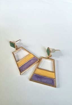 Lilac, yellow and green enamel geometric earrings