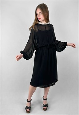 70's Vintage Sheer Batwing Black White Ruffle Wrap Dress