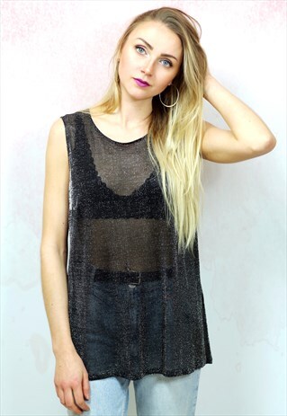 1990S VINTAGE BLACK LUREX SILVER GLITTER SEMI SHEER TANK TOP