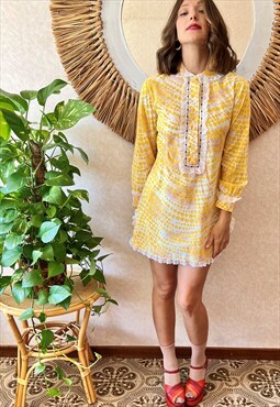 1960's vintage yellow and white mod polka dot mini dress