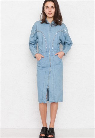 VINTAGE LIGHT BLUE LONG SLEEVE MIDI DENIM DRESS