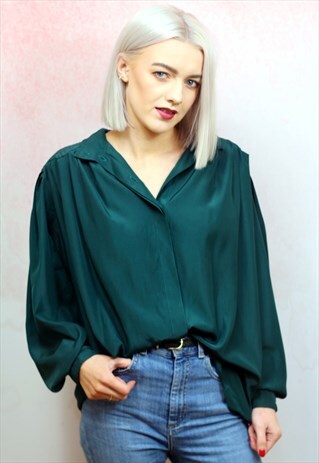 1980S VINTAGE GREEN OVERSIZED SILKY BUTTON UP BLOUSE