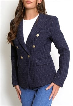 Golden Buttons Woven Double Breasted Blazer In Navy