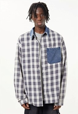 Plaid check shirt long sleeve denim pocket top in blue