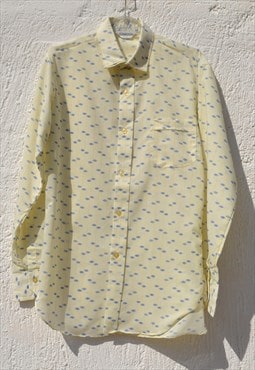 Vintage cream/yellow/blue jacquard striped/dots shirt