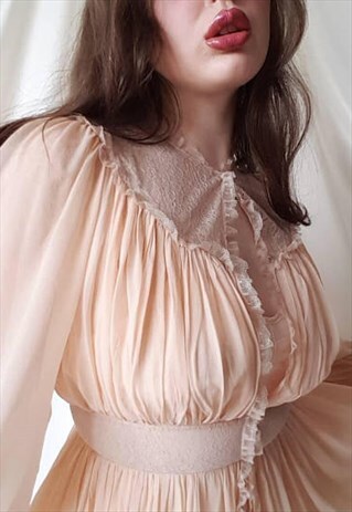 VINTAGE 40S SHEER SILK CHIFFON & LACE LONG GOWN / BRIDAL
