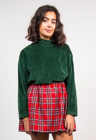 VINTAGE 90'S GREEN TURTLE NECK VELVET LONG SLEEVE TOP