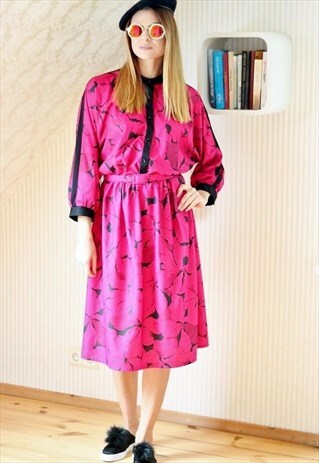 BRIGHT PINK AND BLACK BELTED DRESS