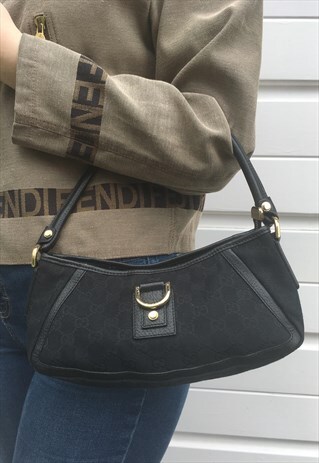 WOMENS GUCCI HANDBAG BLACK MONOGRAM PRINT ABBEY BAG PURSE