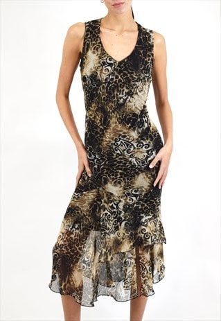 VINTAGE Y2K FRILLY MIDI DRESS IN ANIMAL PRINT