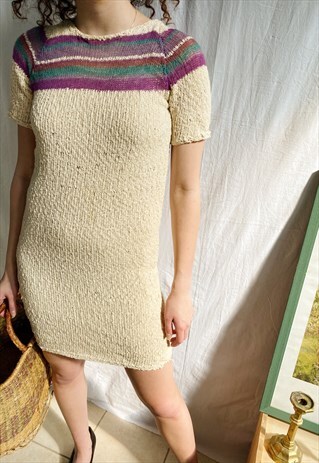 VINTAGE 60S BOHEME MOD CROCHET KNIT MIDI CREAM DRESS BOHO