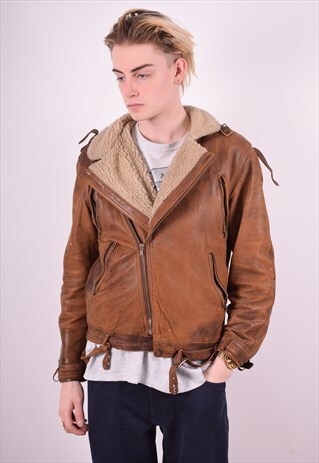 MENS VINTAGE LEATHER JACKET MEDIUM BROWN 90'S