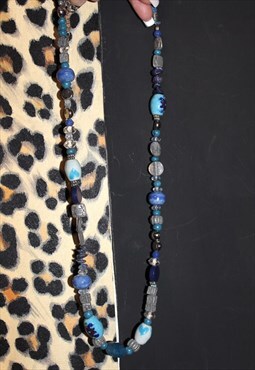 Vintage 90s Blue Beaded Boho Festival Necklace