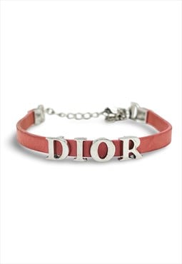 Christian Dior Bracelet Pink Leather Cuff Silver Logo Y2K