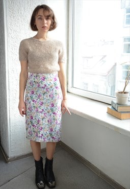 Vintage Multicolour Flower Print Midi Pencil Style Skirt