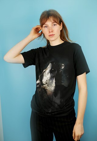 BLACK T-SHIRT WITH HOWLING WOLF PRINT