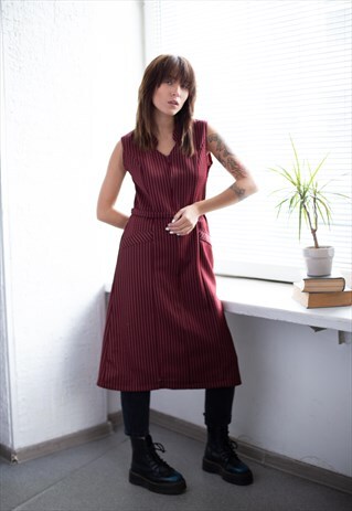 VINTAGE 60'S BURGUNDY RED STRIPED MIDI DRESS