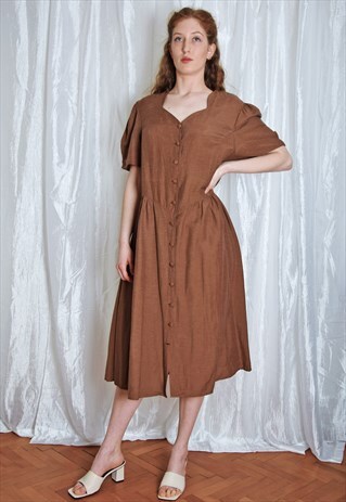 80S BROWN BUTTON UP SUMMER DRESS, LARGE SIZE