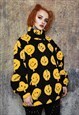 EMOJI FLEECE JACKET FAUX FUR SMILE PRINT BOMBER IN BLACK 