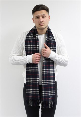 VINTAGE CASHMERE WOOL CHECKED SCARF NAVY-AS214