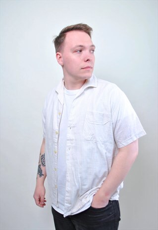 MINIMALIST BEIGE SHIRT, 80S SUMMER SHORT SLEEVE BUTTON DOWN