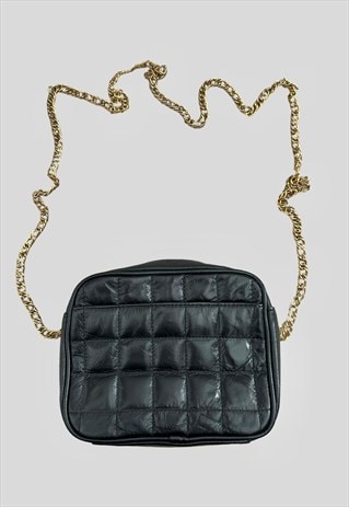 80's Vintage Black Leather Quilted Gold Chain Bag