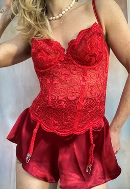 Beautiful Red Lace Basque Bustier Corset Top Underwired 