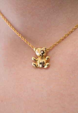 VINTAGE GOLD TONE TEDDY BEAR NECKLACE & EARRING SET