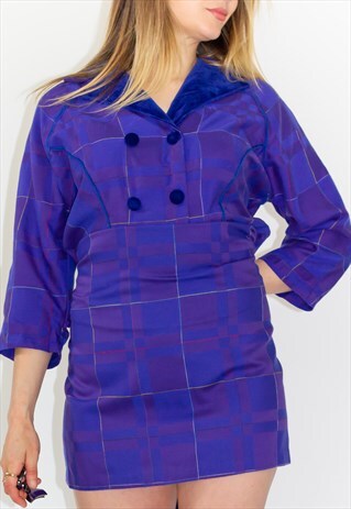 VINTAGE 80'S PURPLE VELVET TARTAN MIDI DRESS