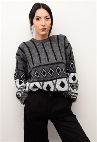VINTAGE 90'S GRUNGE INDIE PATTERNED SLOUCHY CHUNKY JUMPER