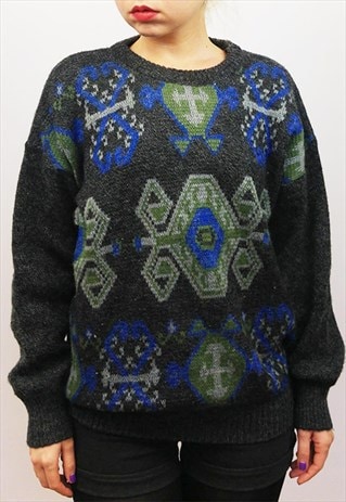 VINTAGE 90'S UNISEX WOOL KNIT JUMPER/SWEATER RETRO PATTERN