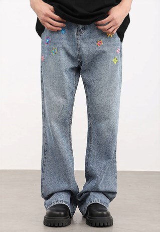 BLUE WASHED EMBROIDERED DISTRESSED PANTS JEANS TROUSERS