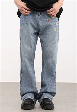 Blue Washed embroidered Distressed pants Jeans trousers 