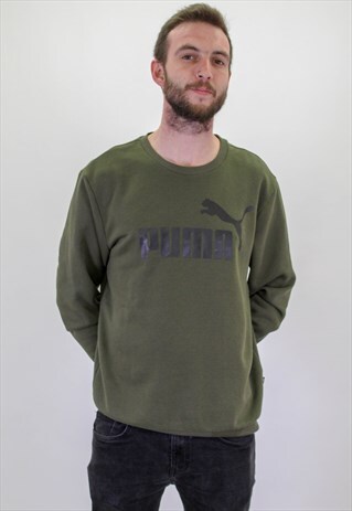 VINTAGE PUMA LOGO SWEATER IN GREEN LARGE