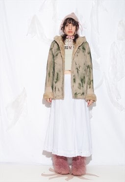 Reworked Vintage Y2K Leather Coat in Hand Painted Green