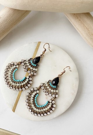 ANTIQUE GOLD DIAMANTE DROP CHANDELIER BLUE ELEGANT EARRINGS