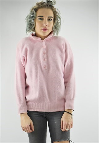 VINTAGE SUPER SOFT BABY PINK HALF BUTTON JUMPER WITH COLLAR