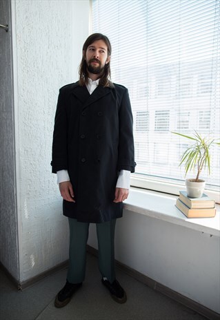 VINTAGE 70'S BLACK TRENCH STYLE BELTED COAT