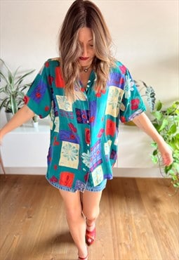 1990's vintage multicolor patchwork and floral print blouse