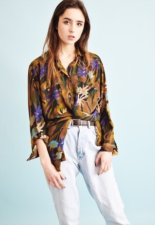 90'S RETRO FLORAL PATTERN SHEER OVERSIZED SHIRT BLOUSE