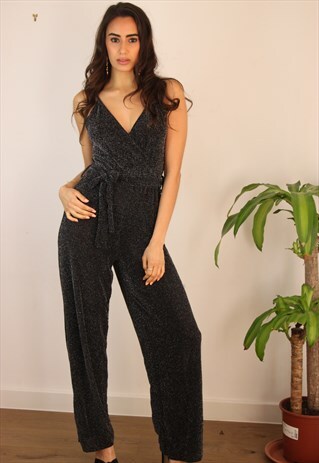 BLACK GLITTER WRAP JUMPSUIT