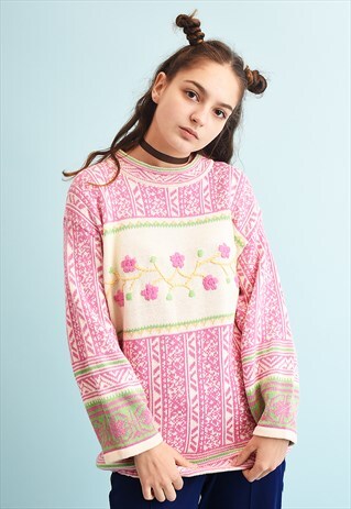 90'S RETRO FLORAL EMBROIDERED MOMS KNIT JUMPER