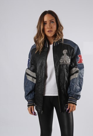 VINTAGE NFL LEATHER BOMBER JACKET OVERSIZED UK 14 (9D4F)