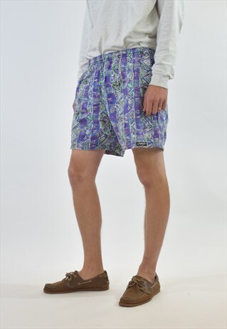 VINTAGE 90S BLUE GREEN ABSTRACT PATTERNED SWIM SHORTS
