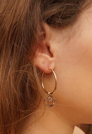 QUEENIE COIN CHARM HOOP GOLD EARRINGS