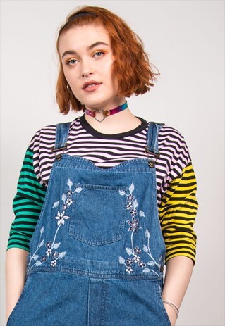 VINTAGE 90'S DENIM FLORAL DUNGAREES